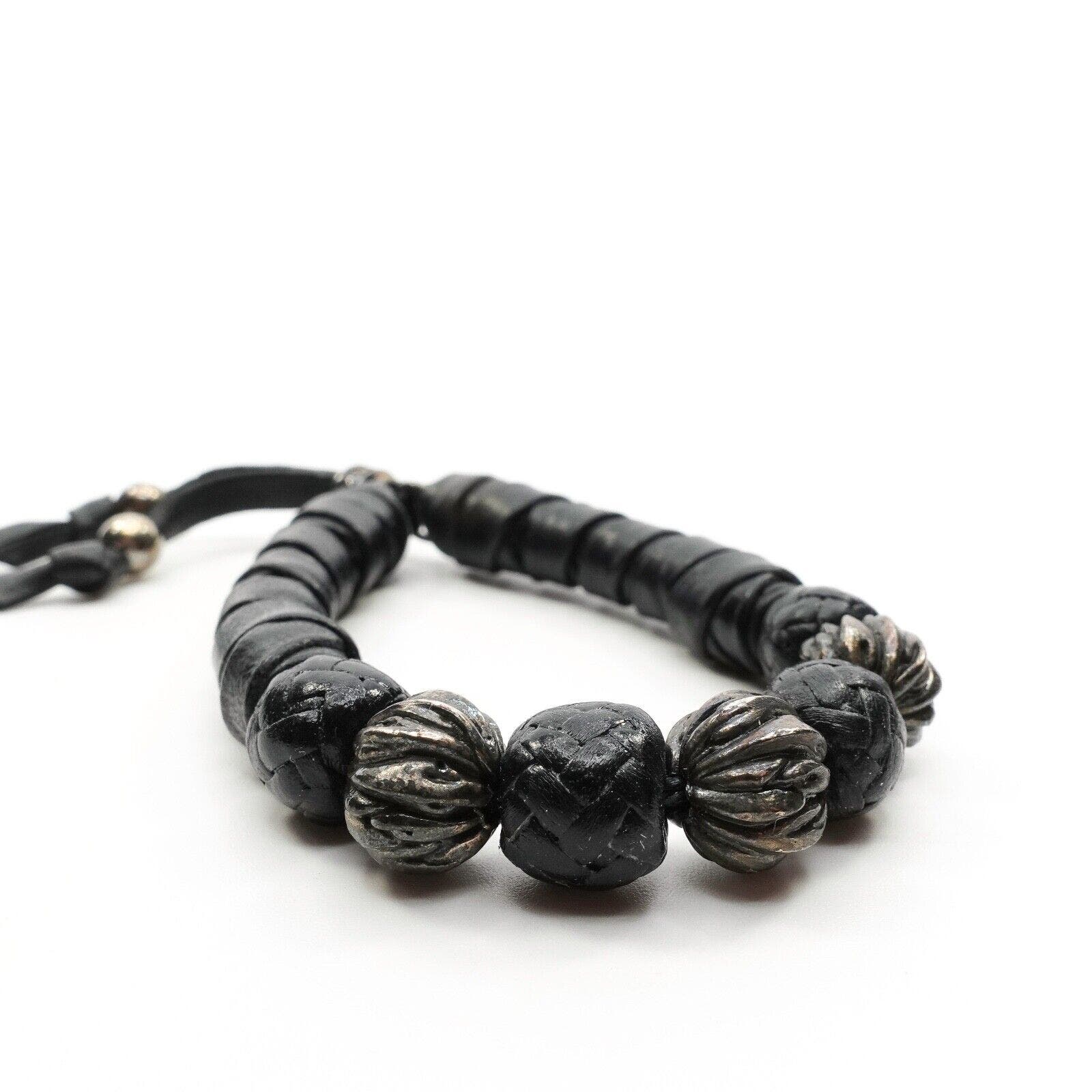 King Baby Thick Natural Wrap Black Leather Bracelet Silver .925 Beads Small